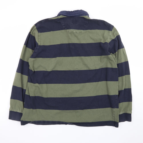 Next Men's Green and Navy Striped Long Sleeve Polo XL Cotton Rugby Top