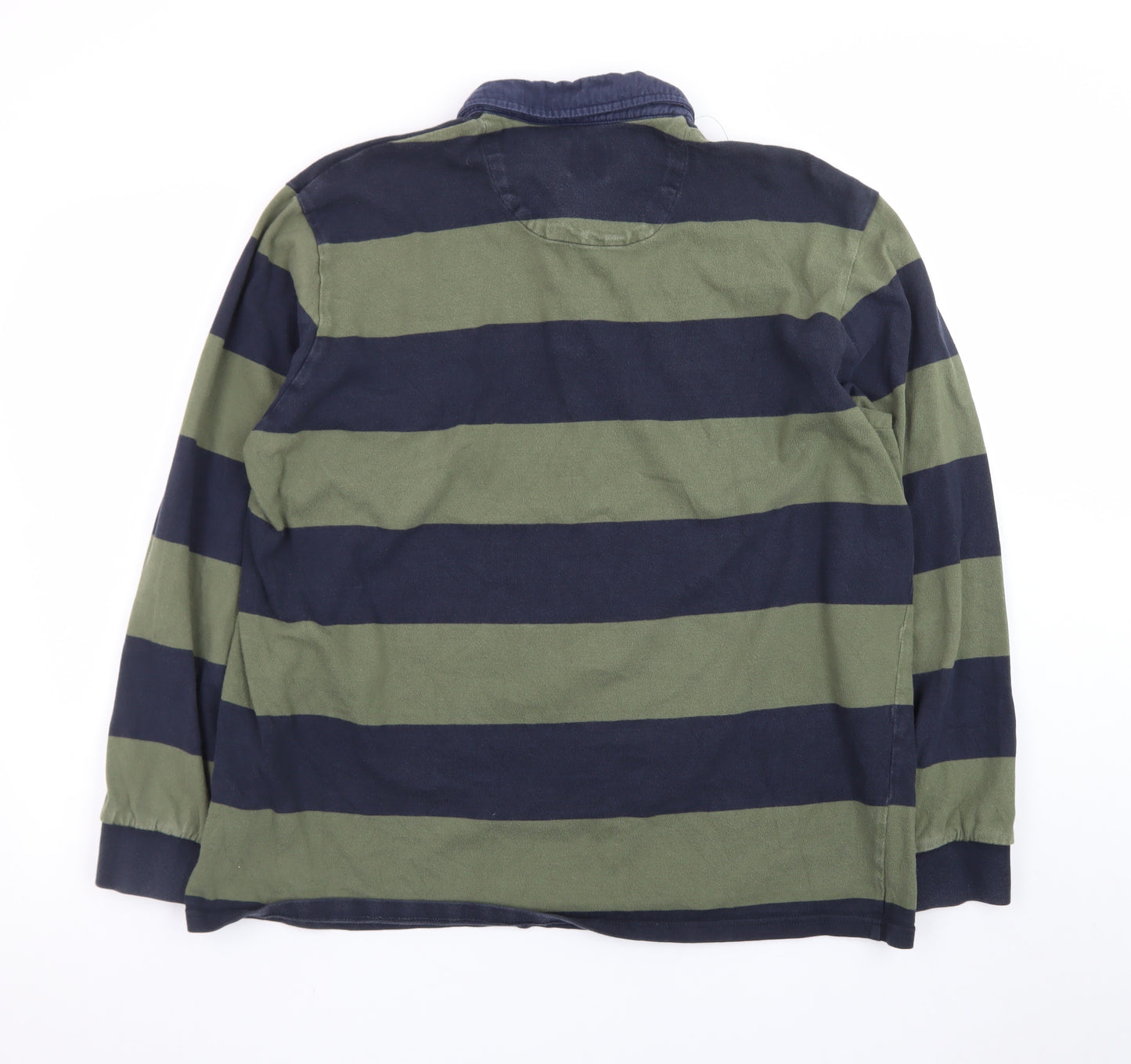 Next Men's Green and Navy Striped Long Sleeve Polo XL Cotton Rugby Top