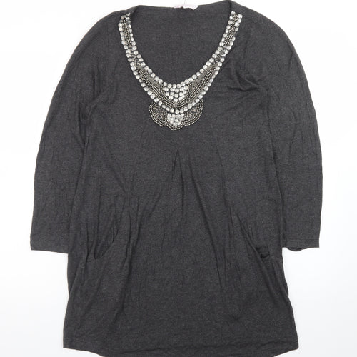 Changes Boutique Women’s Grey Beaded V-Neck Shift Dress Size 14