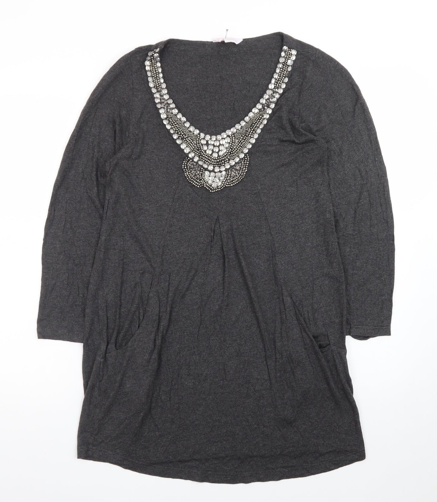 Changes Boutique Women’s Grey Beaded V-Neck Shift Dress Size 14
