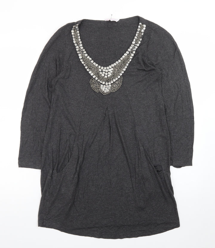 Changes Boutique Women’s Grey Beaded V-Neck Shift Dress Size 14