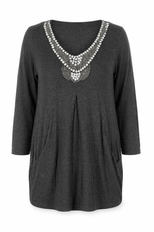 Front view of Changes Boutique Women’s Grey Beaded V-Neck Shift Dress, size UK 14