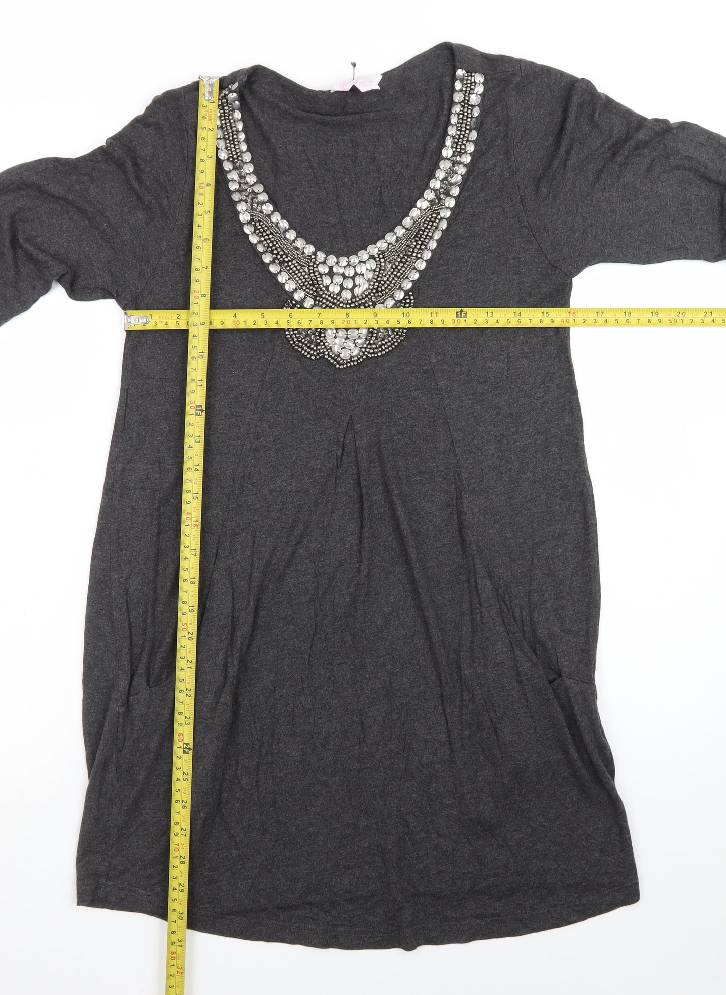 Changes Boutique Women’s Grey Beaded V-Neck Shift Dress Size 14