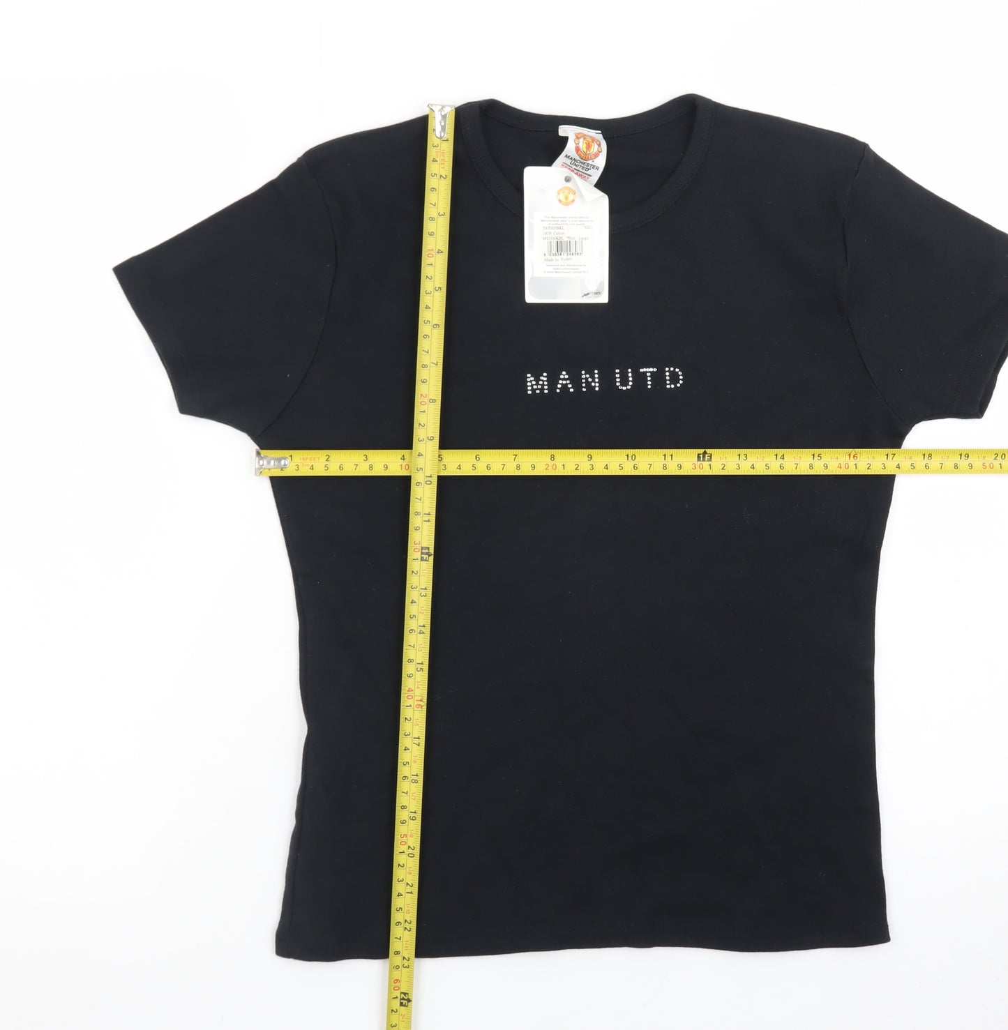 Manchester United Women's Black Rhinestone Logo L Cotton T-Shirt