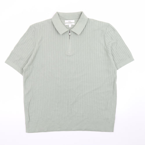 Marks and Spencer Men's Green Cotton Polo Shirt XL 1/4 Zip Knit