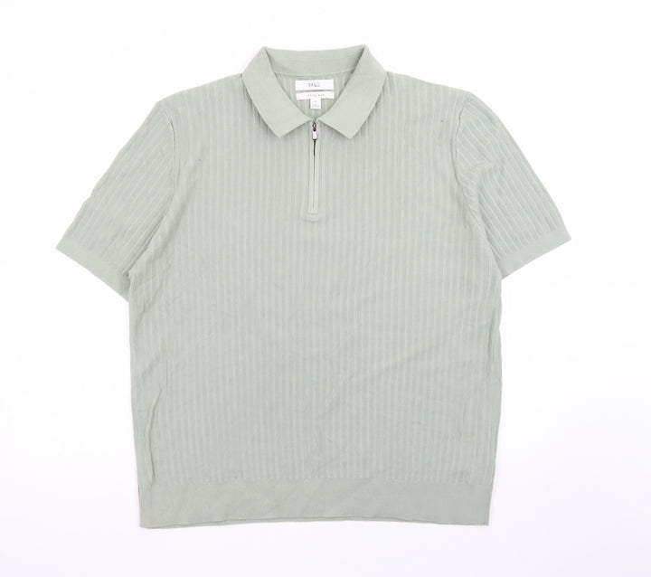 Marks and Spencer Men's Green Cotton Polo Shirt XL 1/4 Zip Knit