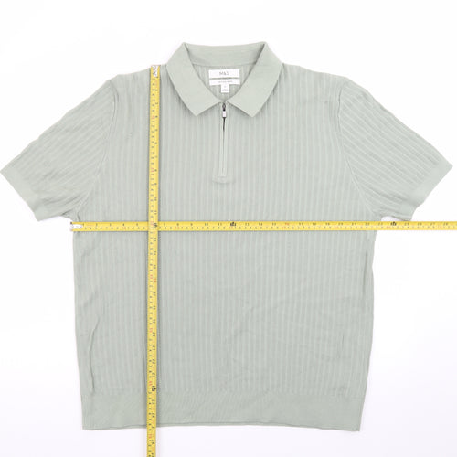 Marks and Spencer Men's Green Cotton Polo Shirt XL 1/4 Zip Knit