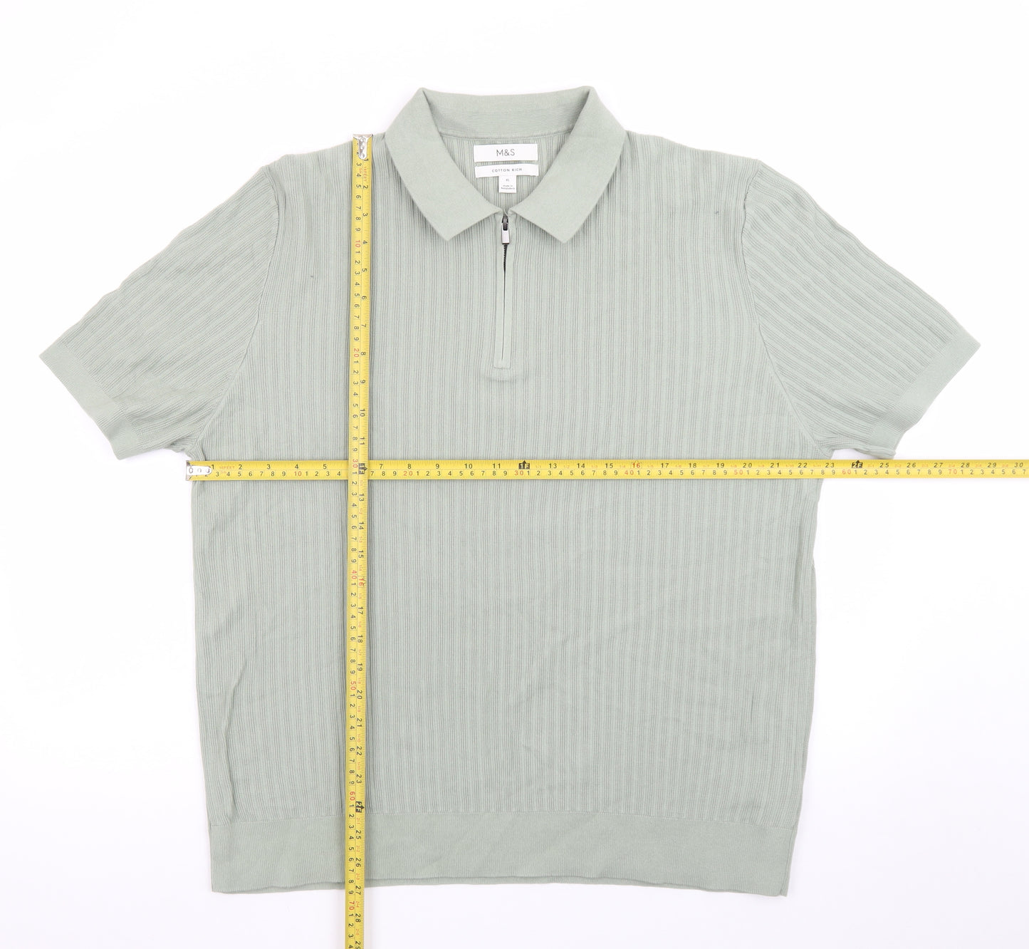 Marks and Spencer Men's Green Cotton Polo Shirt XL 1/4 Zip Knit