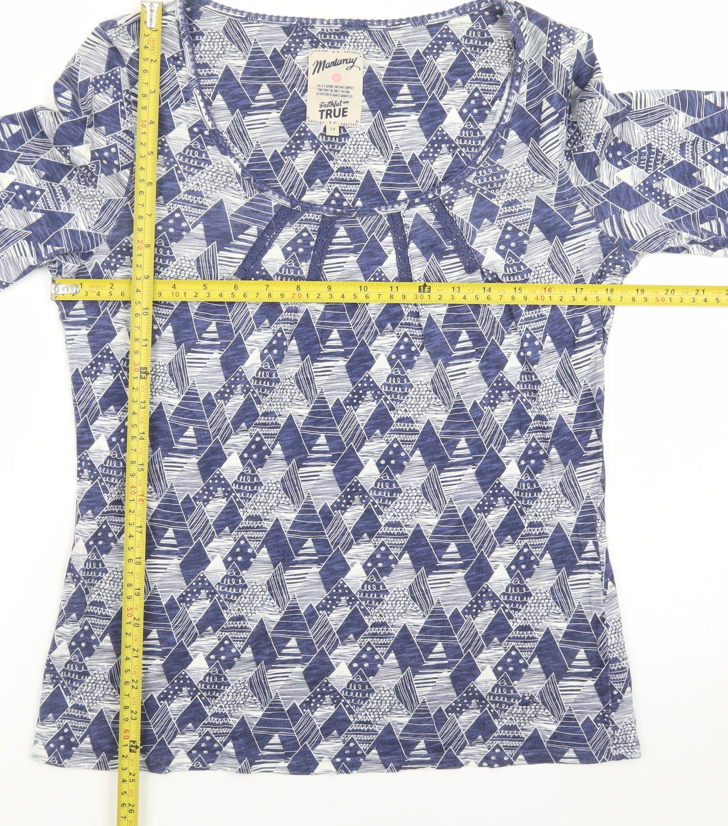 Mantaray Women's Blue Geometric Long Sleeve Cotton T-Shirt Size 14