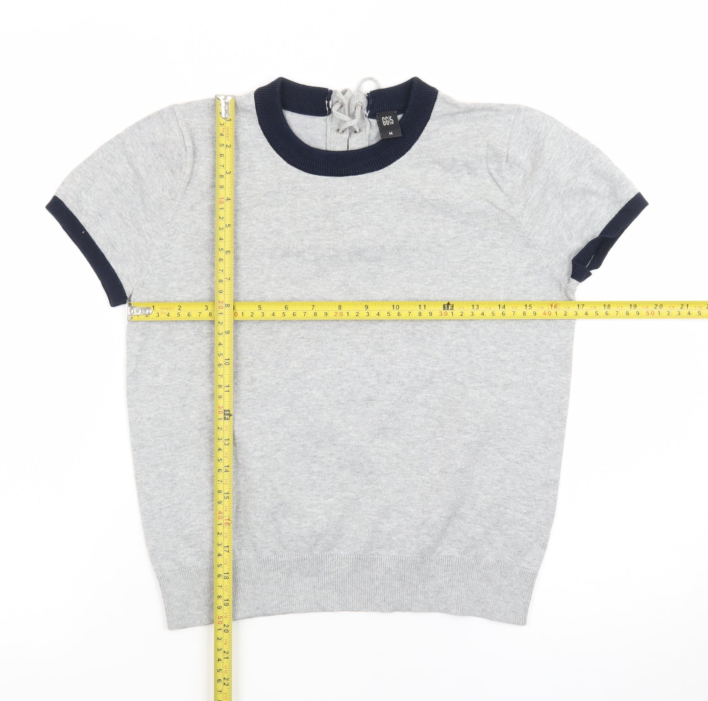 GG5 Womens Grey Ringer Knit Lace-Up Back Short Sleeve T-Shirt M