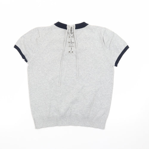 GG5 Womens Grey Ringer Knit Lace-Up Back Short Sleeve T-Shirt M