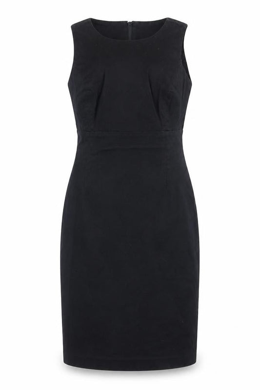 Front view of ORSAY Women's Black Sheath Dress, size 6, Sleeveless Knee Length