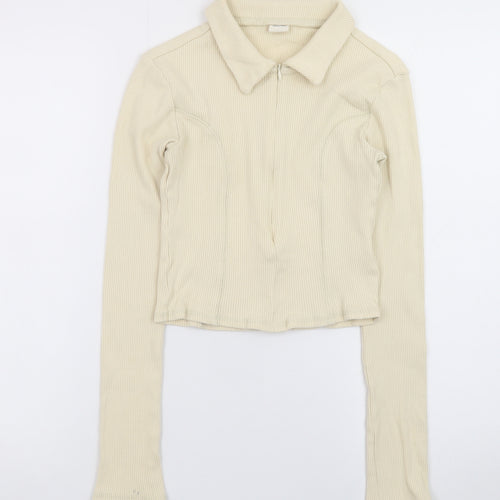 Urban Outfitters Women Beige Collared Full Zip Ribbed Cotton Jumper M