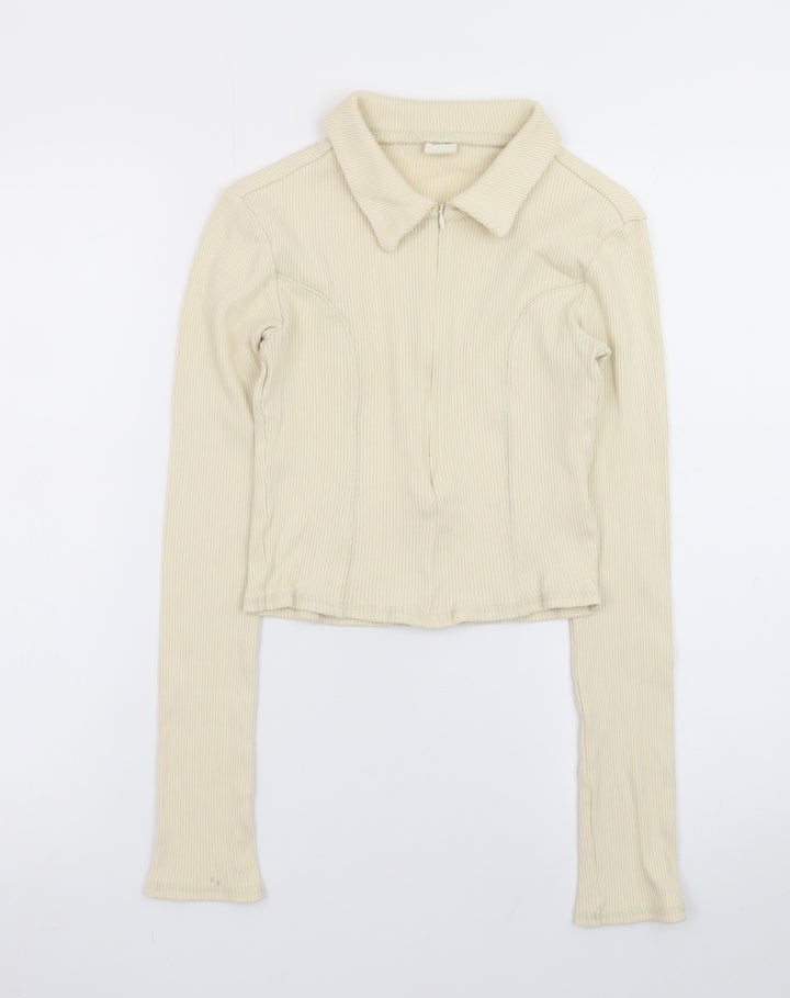 Urban Outfitters Women Beige Collared Full Zip Ribbed Cotton Jumper M