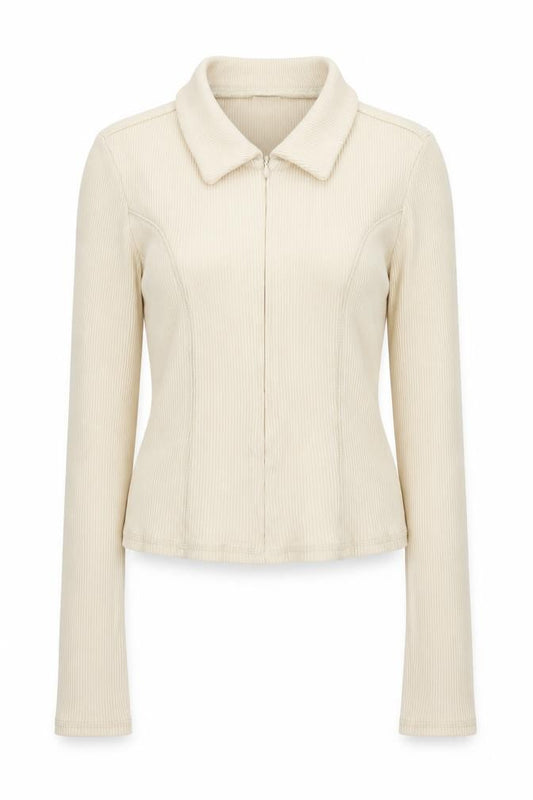 Front view of Urban Outfitters Women Beige Collared Full Zip Ribbed Cotton Jumper M