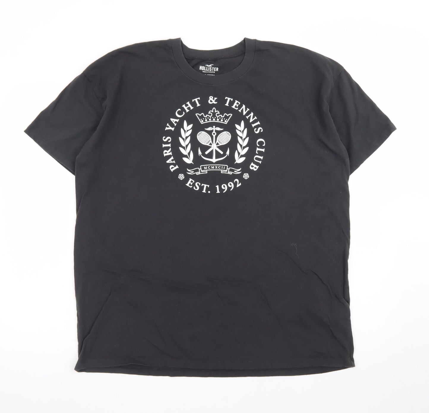 Hollister Men Black Crew Neck Graphic T-Shirt L Cotton Paris Yacht Print