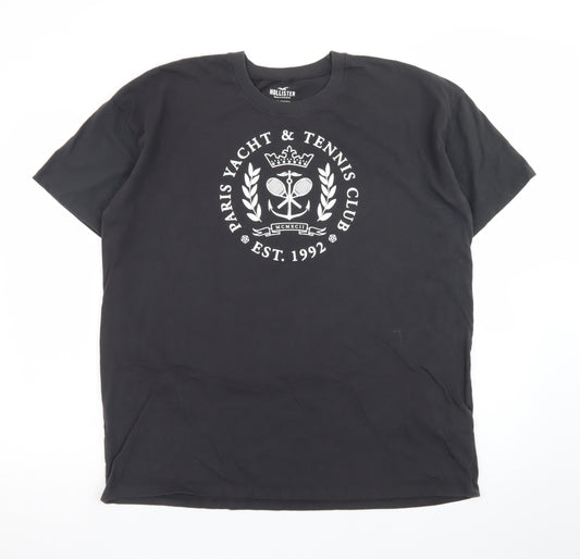 Hollister Men Black Crew Neck Graphic T-Shirt L Cotton Paris Yacht Print