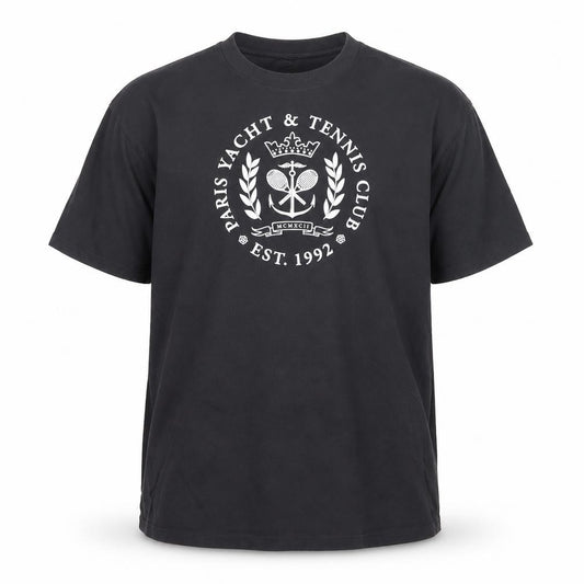 Front view of Hollister Men Black Crew Neck Graphic T-Shirt L Cotton Paris Yacht Print