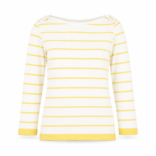 Front view of Hobbs women’s yellow white striped cotton 3/4 sleeve boat neck t-shirt, size S