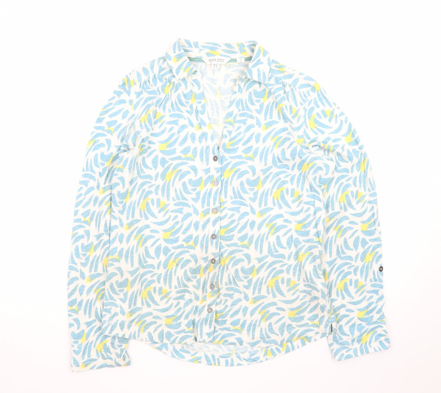 White Stuff Women's Blue Abstract Cotton Button-Up Shirt UK 10