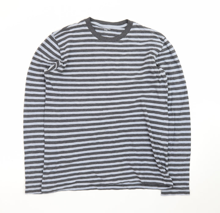 GAP Men's Grey Striped Long Sleeve Crew Neck Cotton T-Shirt Size M
