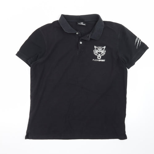 Plein Sport Men's Black 2XL Cotton Tiger Logo Polo Shirt