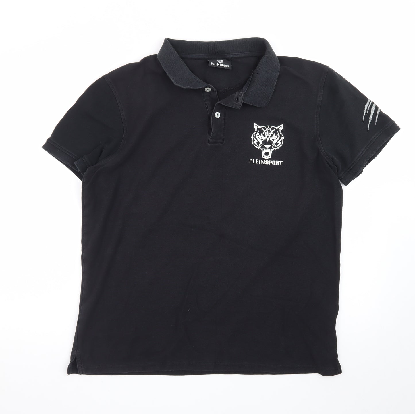 Plein Sport Men's Black 2XL Cotton Tiger Logo Polo Shirt