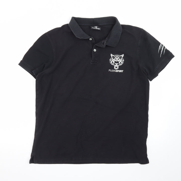 Plein Sport Men's Black 2XL Cotton Tiger Logo Polo Shirt