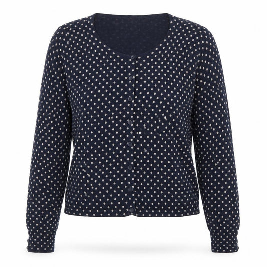 Front view of Next Women Blue Polka Dot Cardigan, size 14, Round Neck Knitwear