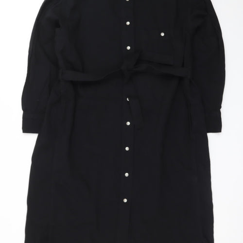 Uniqlo Women Black Lyocell Belted Long Sleeve Shirt Dress S