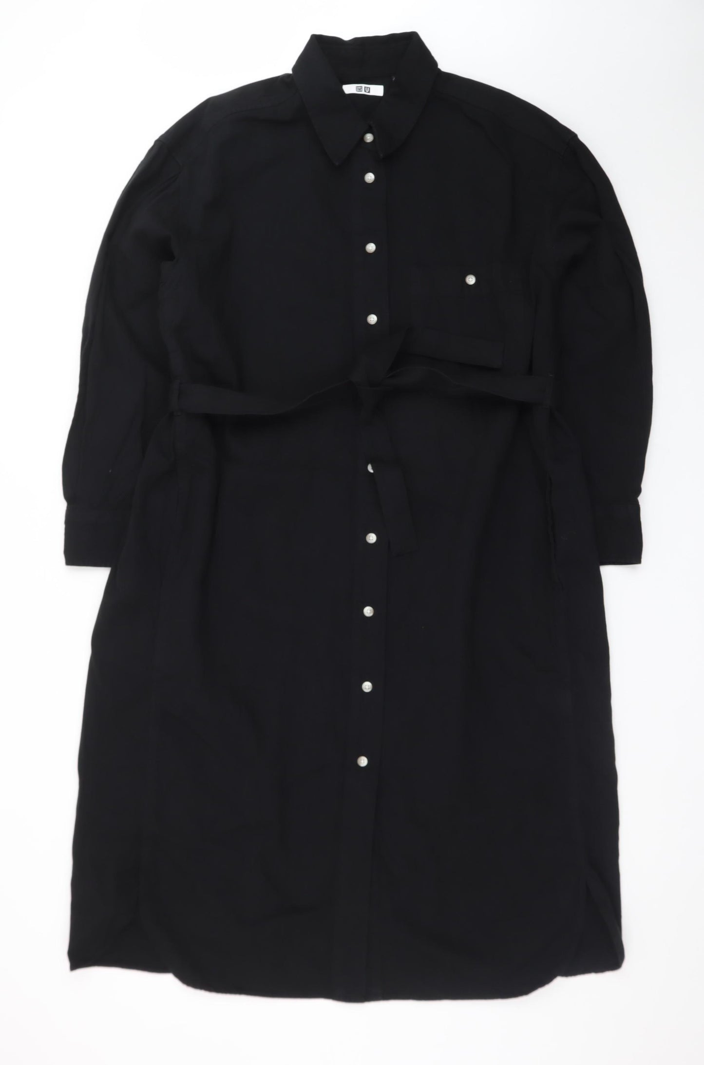 Uniqlo Women Black Lyocell Belted Long Sleeve Shirt Dress S