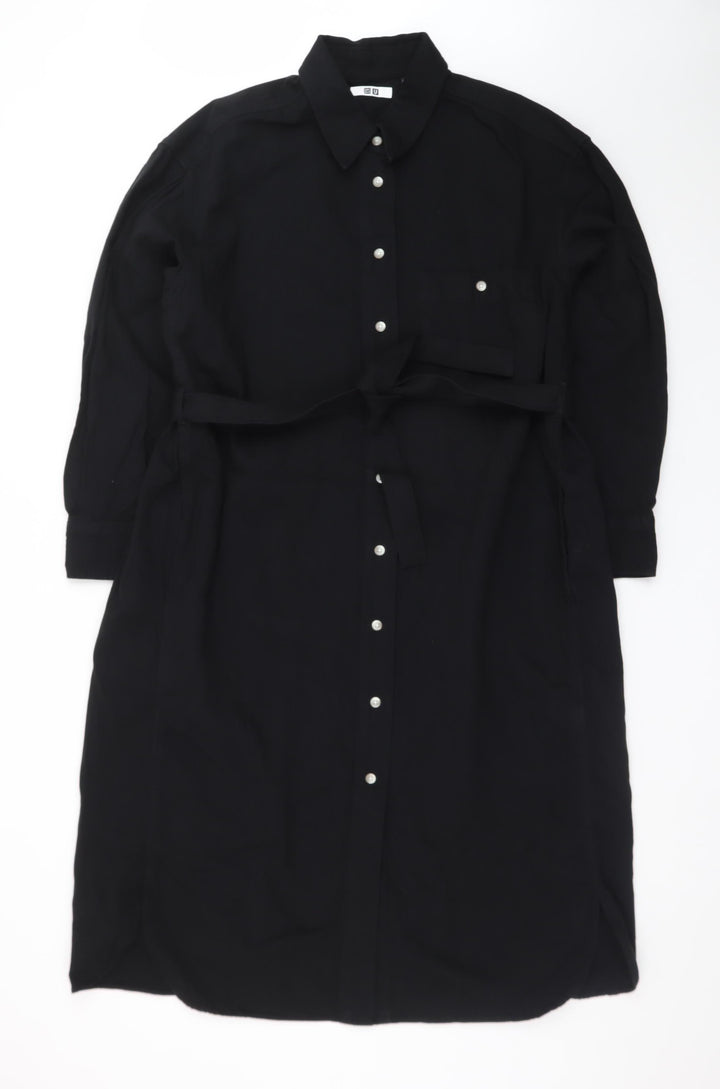 Uniqlo Women Black Lyocell Belted Long Sleeve Shirt Dress S