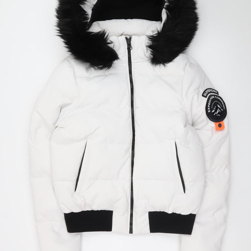 Superdry Women White Puffer Jacket UK 10 Faux Fur Hooded Everest Style
