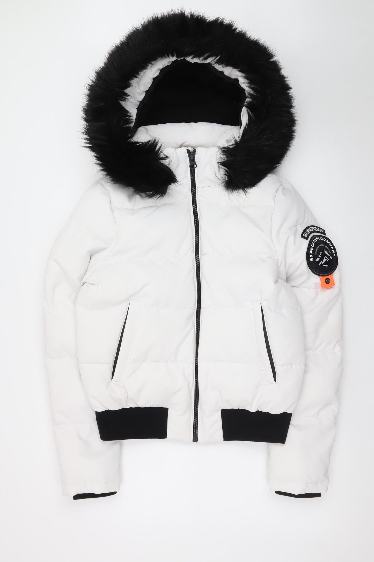 Superdry Women White Puffer Jacket UK 10 Faux Fur Hooded Everest Style