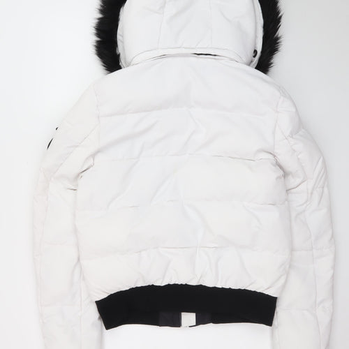 Superdry Women White Puffer Jacket UK 10 Faux Fur Hooded Everest Style