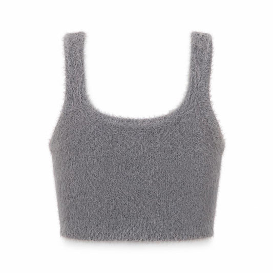 Front view of Stradivarius Women's Grey Fuzzy Knit Camisole Tank Top, size M