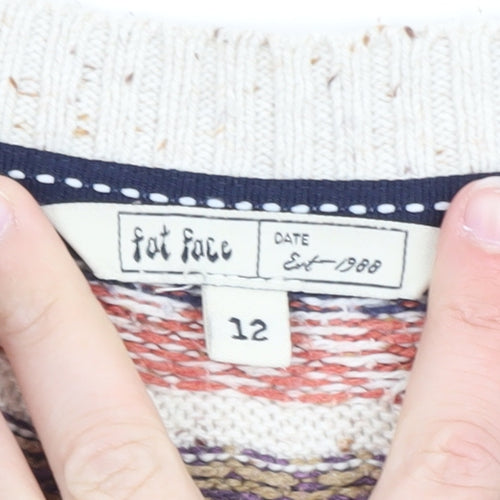 Fat Face Women's Beige Fair Isle Crew Neck Jumper Size 12