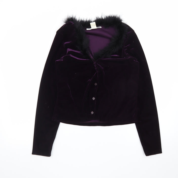 Necessary Objects Women's Purple Fur Trim Velvet Cardigan Size M