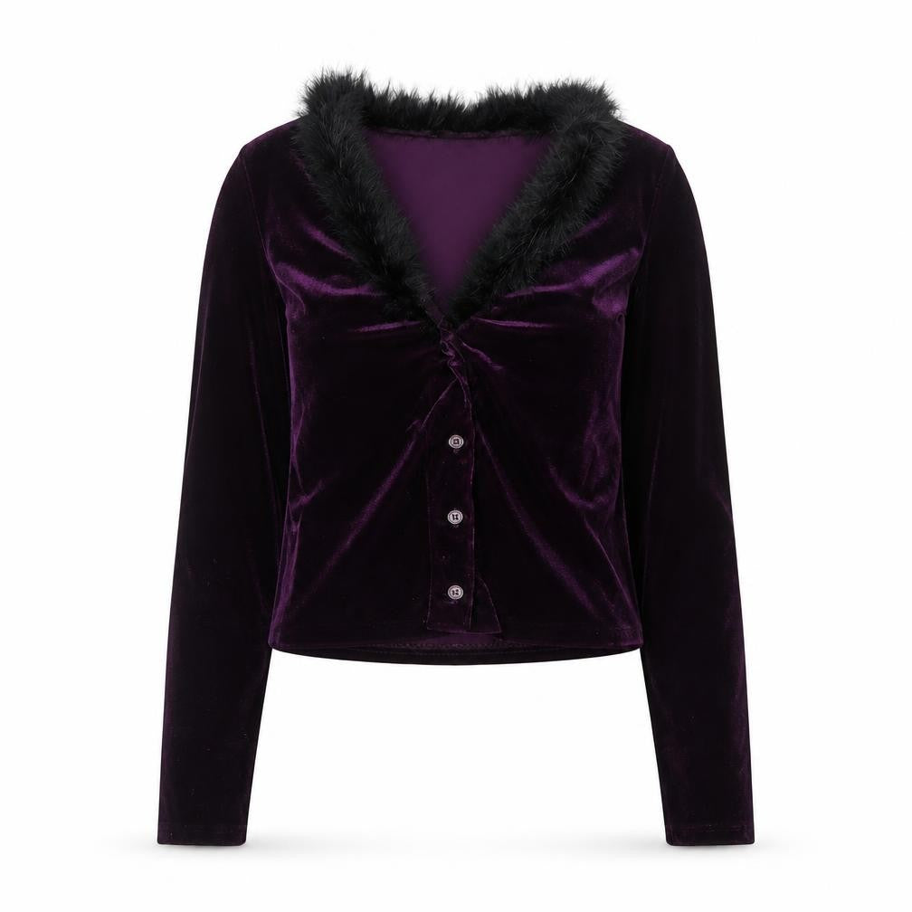 Front view of Necessary Objects Women's Purple Fur Trim Velvet Cardigan, size M