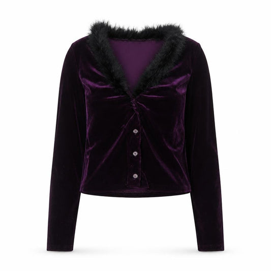 Front view of Necessary Objects Women's Purple Fur Trim Velvet Cardigan, size M