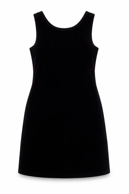 Front view of Falcini International Women's Black Velvet Sheath Dress, size 12
