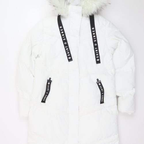 Saint & Sinner Women's White Faux Fur Hooded Long Puffer Coat UK 10