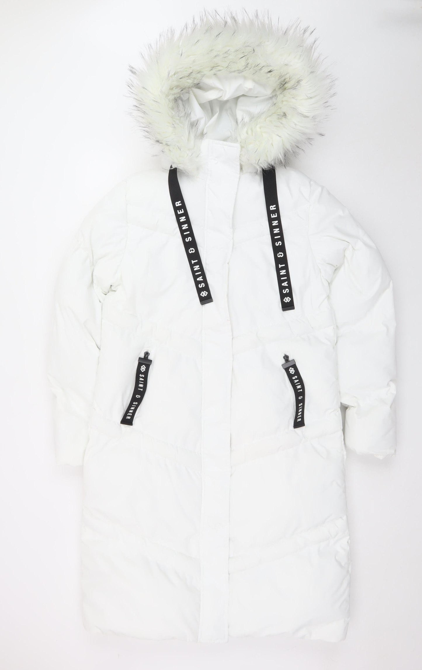 Saint & Sinner Women's White Faux Fur Hooded Long Puffer Coat UK 10