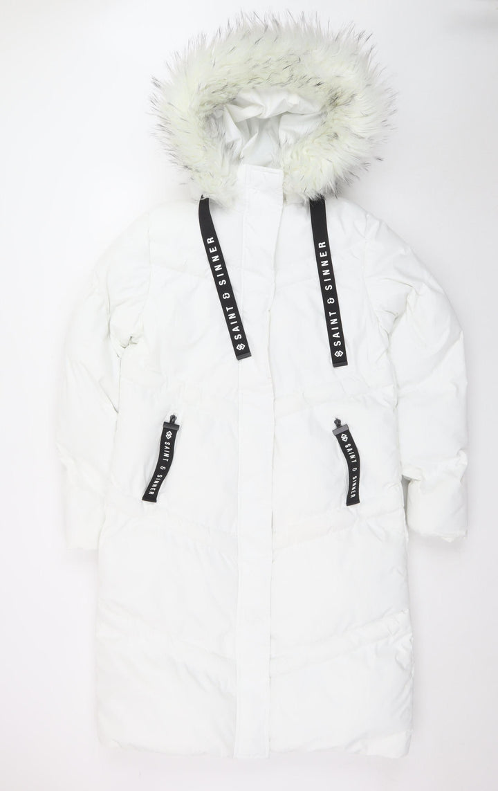 Saint & Sinner Women's White Faux Fur Hooded Long Puffer Coat UK 10