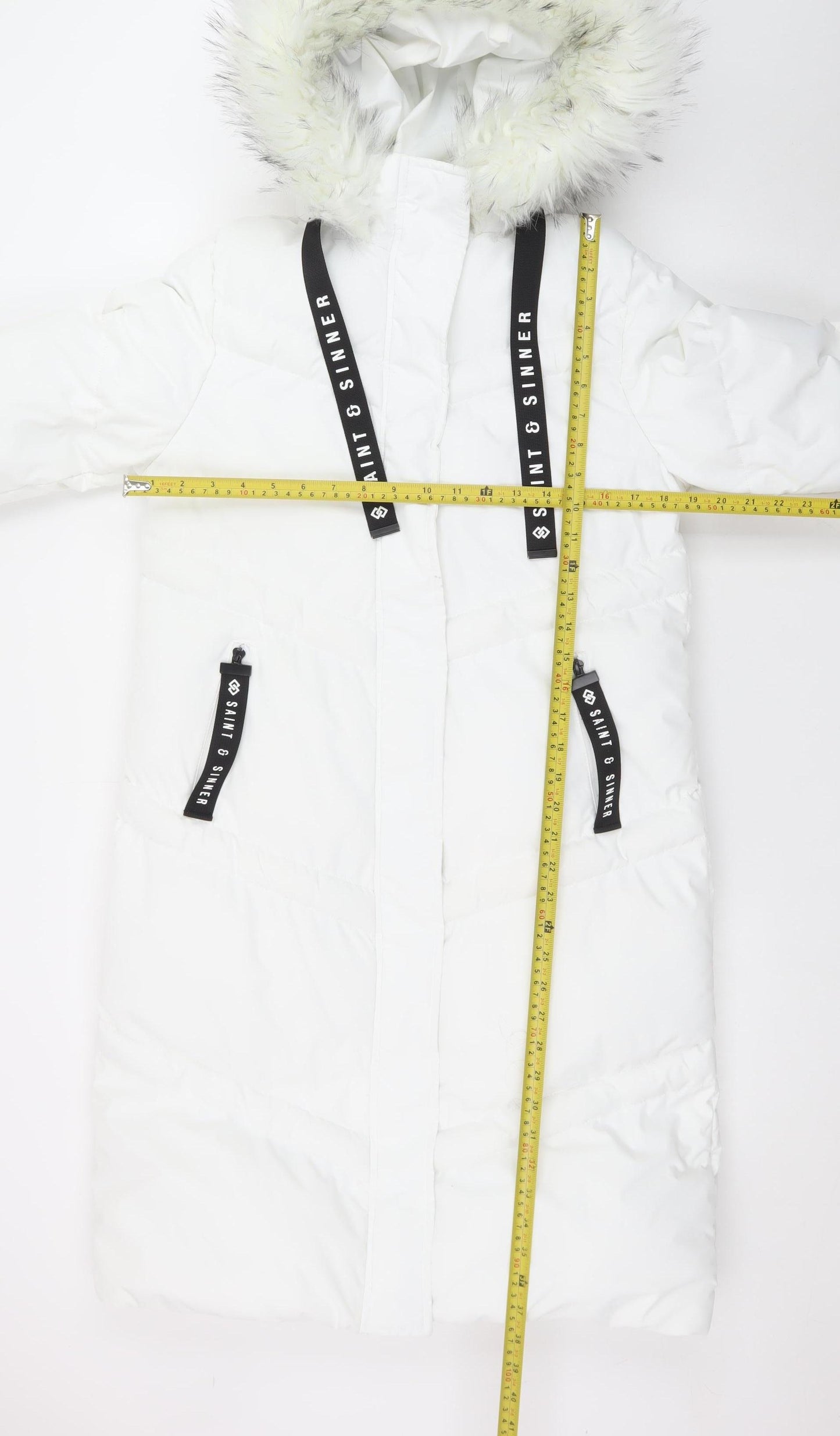 Saint & Sinner Women's White Faux Fur Hooded Long Puffer Coat UK 10