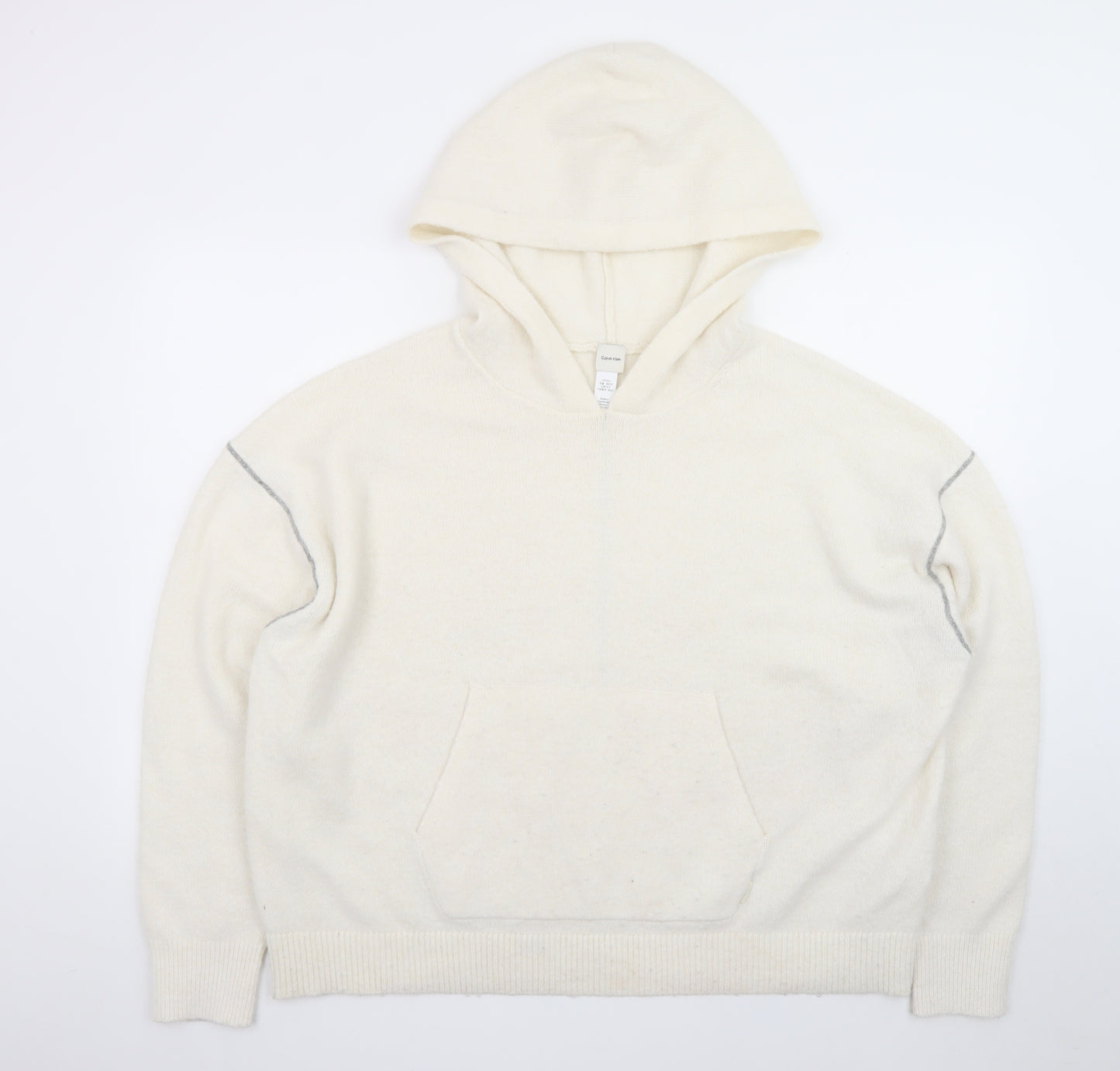 Calvin Klein Women Ivory Wool Blend Hooded Pullover Jumper Size S