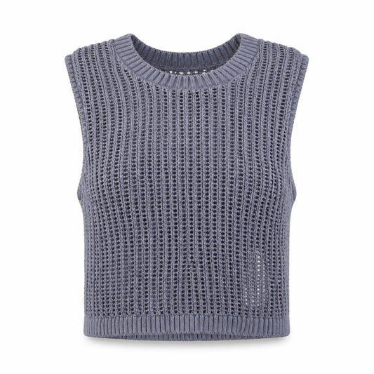 Front view of Hollister women’s blue knit cropped tank top, size M