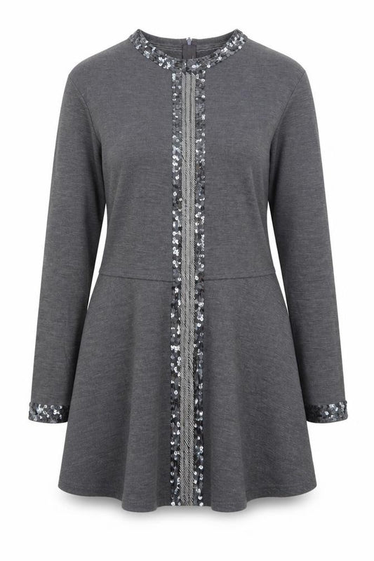 Front view of Outlander Women’s Grey Sequin Trim Fit & Flare Dress M