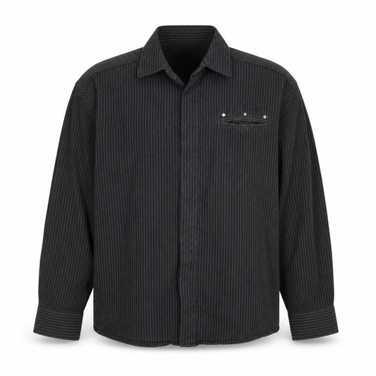 Front view of Atlas For Men Black Striped Long Sleeve Button-Up Shirt, size XL