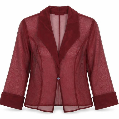 Alex Evenings Women's Red Sheer 3/4 Sleeve Collared Kimono Blouse Size 14